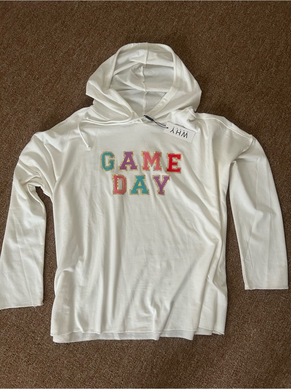WHY dress White Hoodie with Multicolor 'GAME DAY' Appliqué size medium